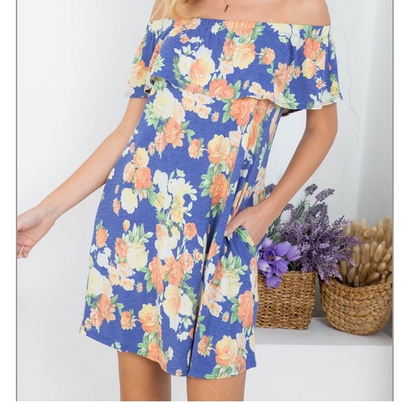 So cute! Tropical blue FLORAL PRINT OFF SHOULDER RUFFLE w/POCKET mini DRESS, NWT - Picture 11 of 15